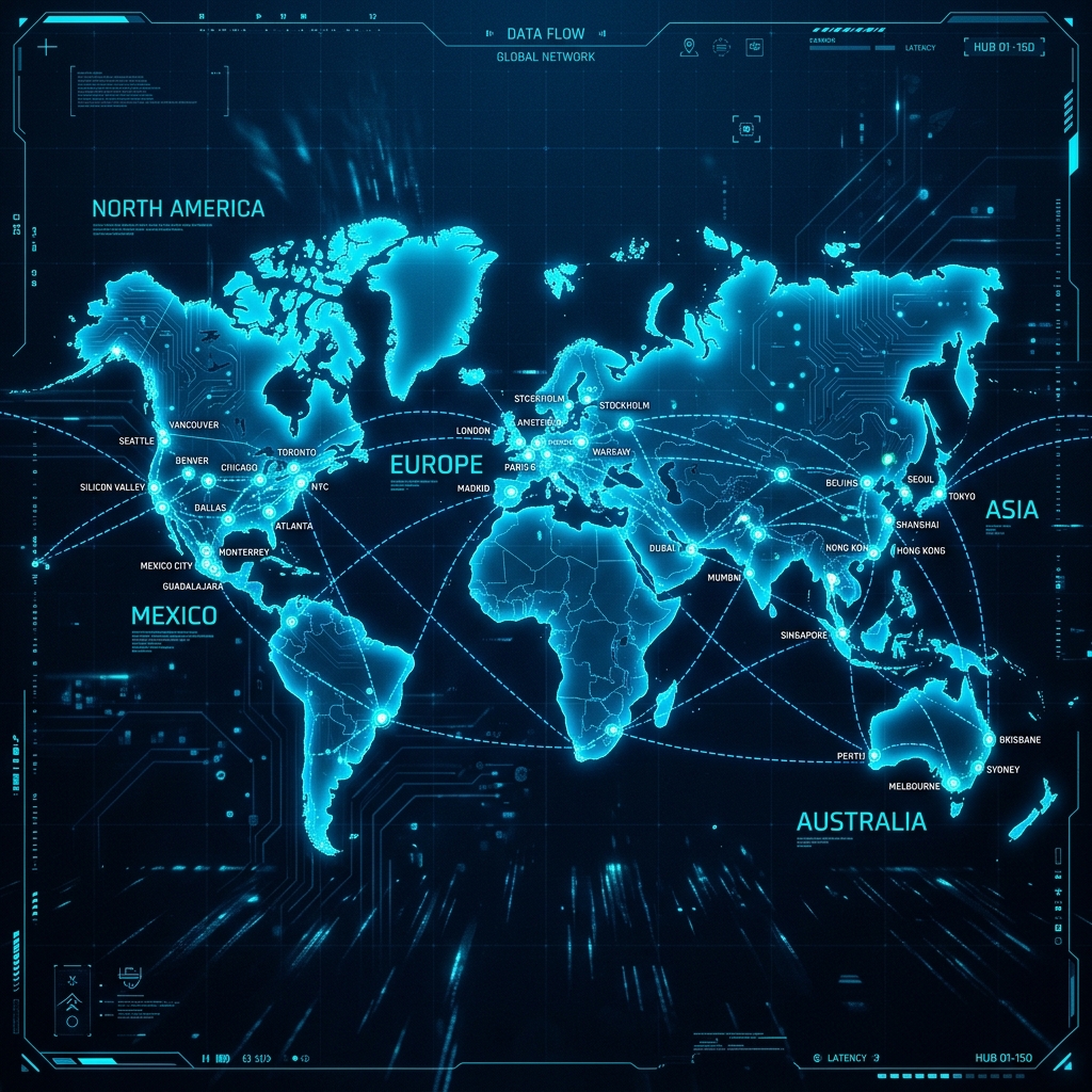 Mapa global de centros de datos en 4 continentes incluyendo México